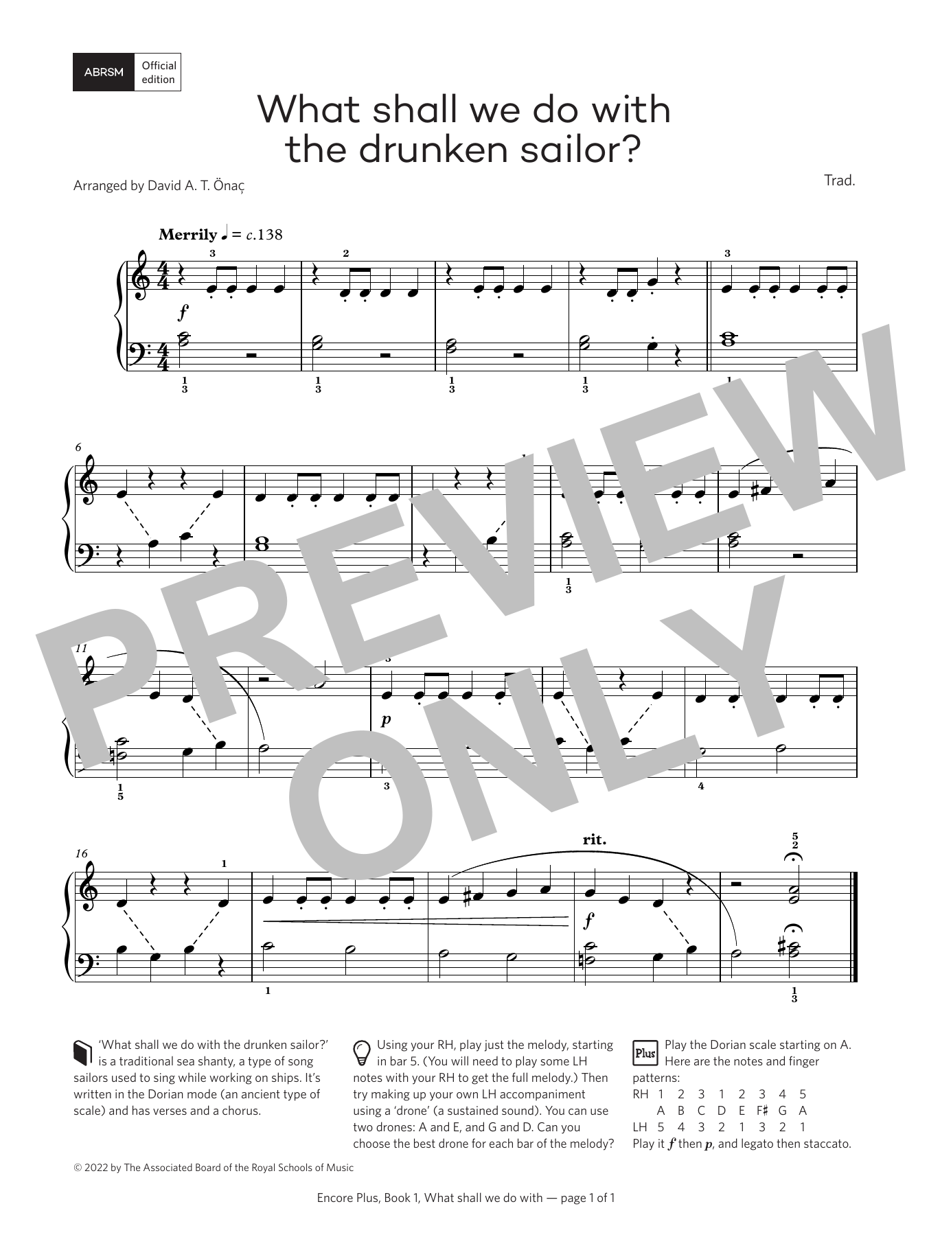 Traditional What shall we do with the drunken sailor? (Encore Plus, Book 1) sheet music notes and chords arranged for Piano Solo