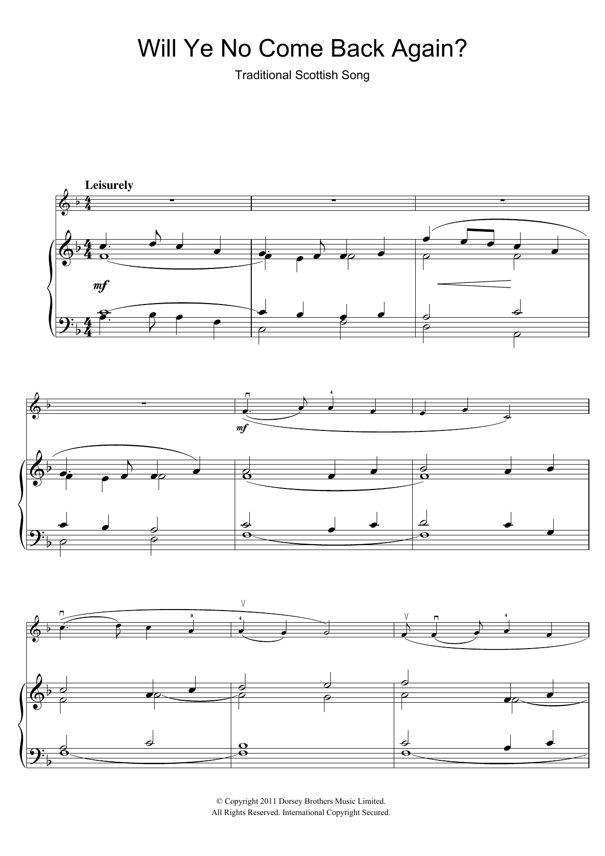 Traditional Will Ye No Come Back Again sheet music notes and chords. Download Printable PDF.