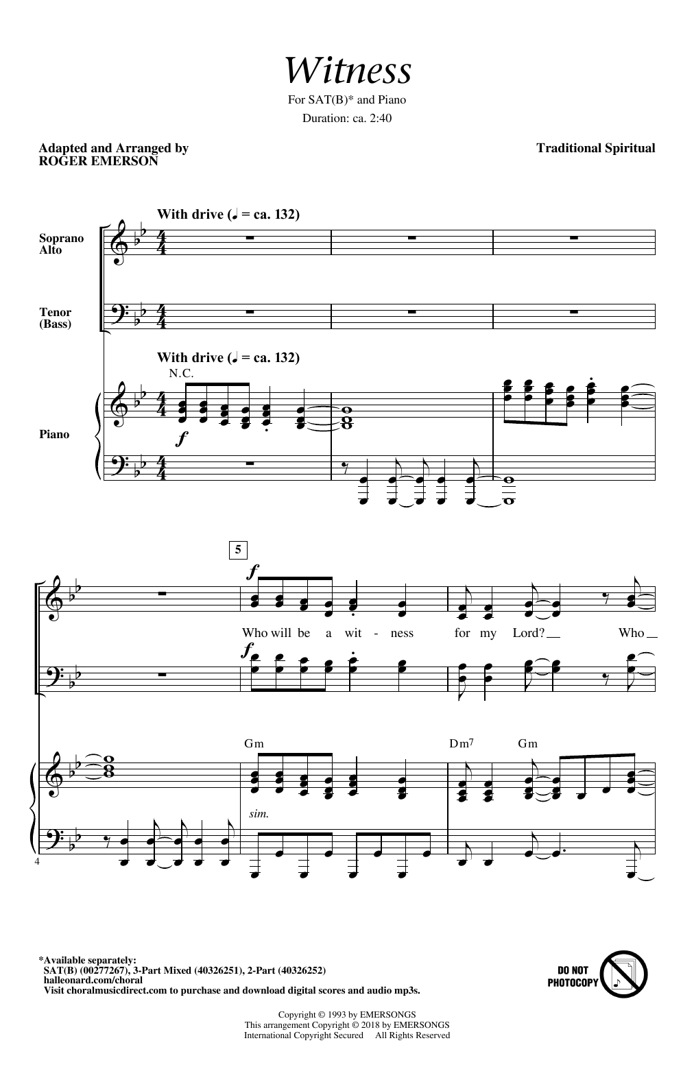 Traditional Witness (Arr. Roger Emerson) sheet music notes and chords. Download Printable PDF.