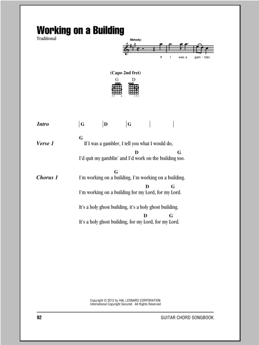 Traditional Working On A Building sheet music notes and chords. Download Printable PDF.