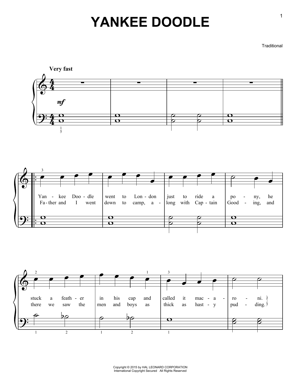 Traditional Yankee Doodle sheet music notes and chords. Download Printable PDF.