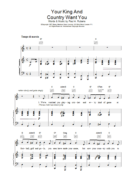 Traditional Your King And Country Want You sheet music notes and chords. Download Printable PDF.