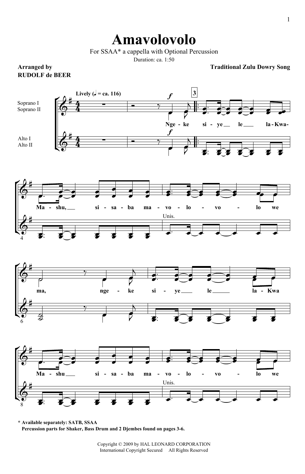 Traditional Zulu Dowry Song Amavolovolo (arr. Rudolf de Beer) sheet music notes and chords. Download Printable PDF.