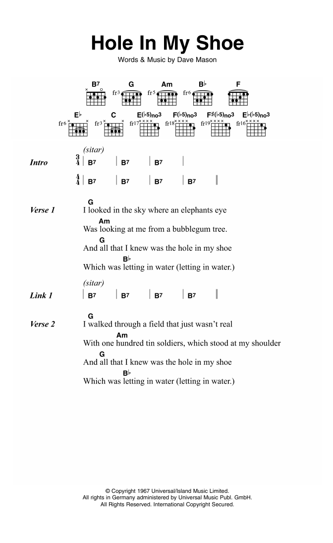 Traffic Hole In My Shoe sheet music notes and chords. Download Printable PDF.