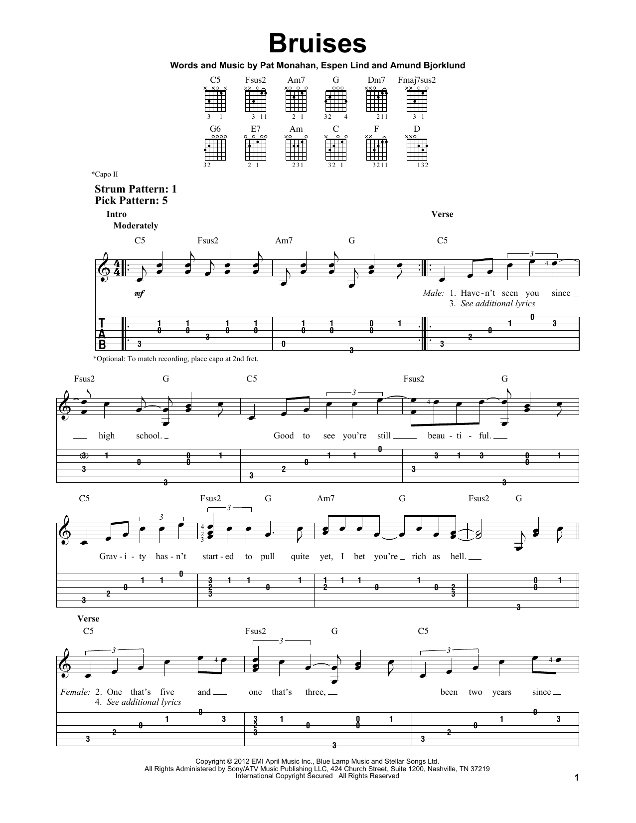 Train Bruises sheet music notes and chords. Download Printable PDF.