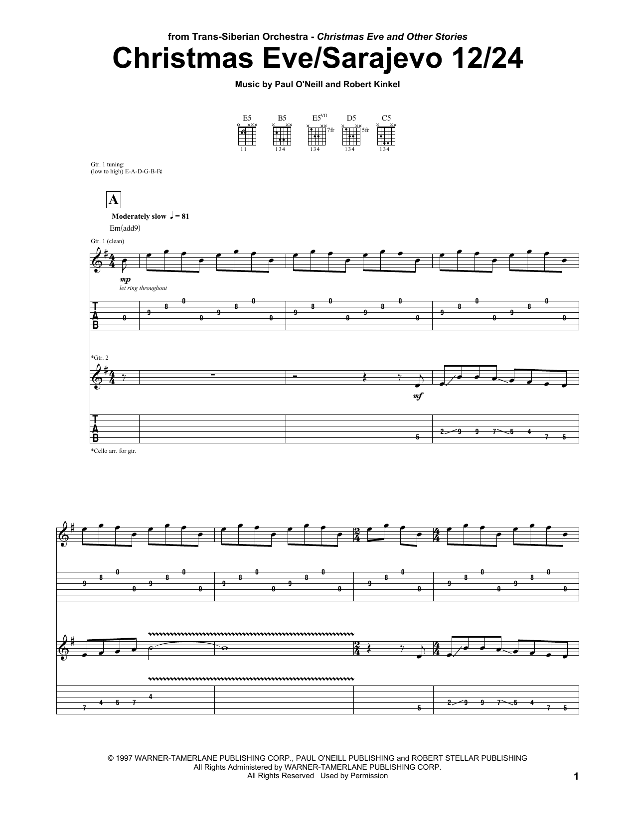 Trans-Siberian Orchestra Christmas Eve/Sarajevo 12/24 sheet music notes and chords. Download Printable PDF.