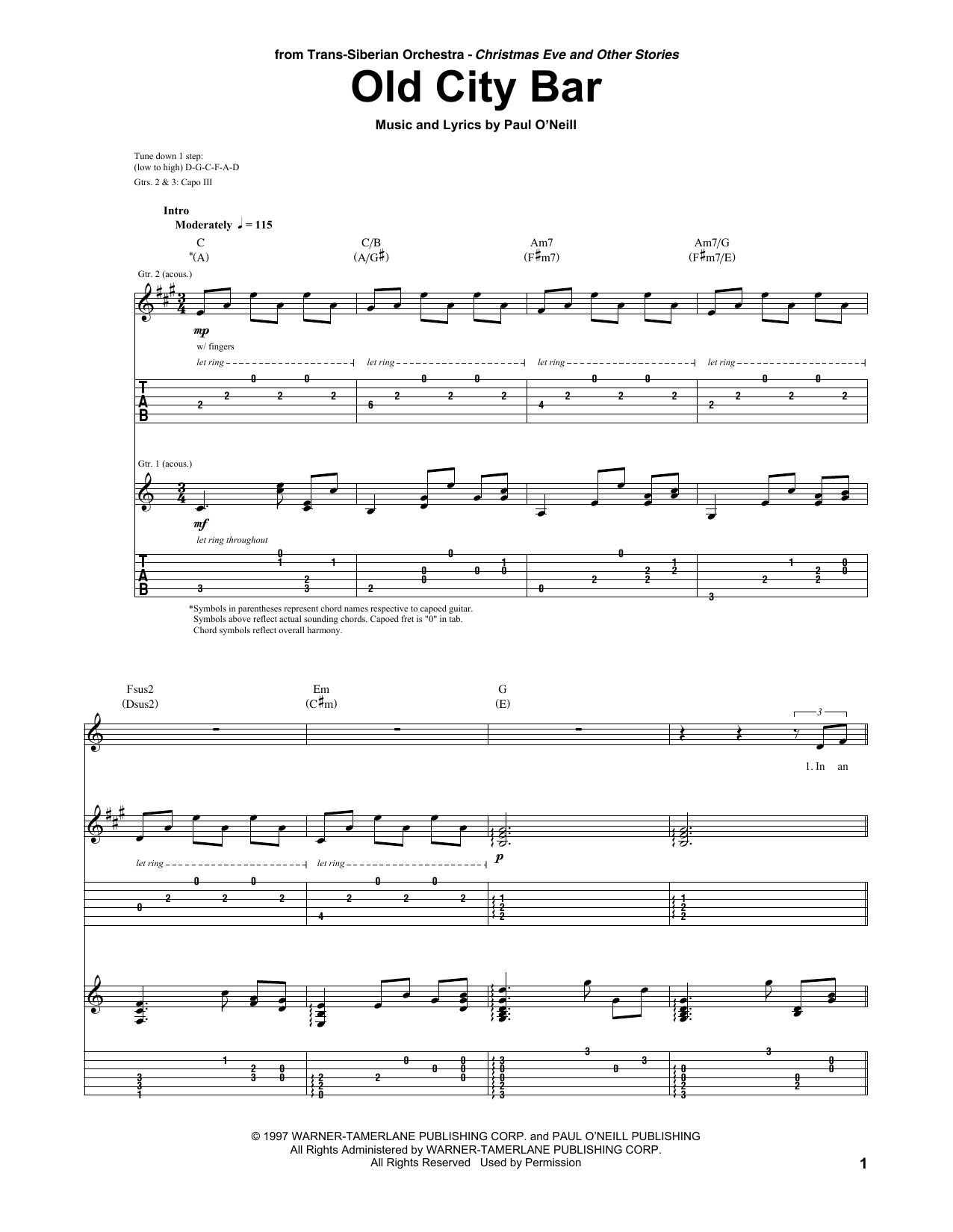 Learn to play Trans-Siberian Orchestra Old City Bar sheet music for Guitar Tab in minutes. Price: 7.8900$ Trans-Siberian Orchestra Old City Bar sheet music notes and chords arranged for Guitar Tab