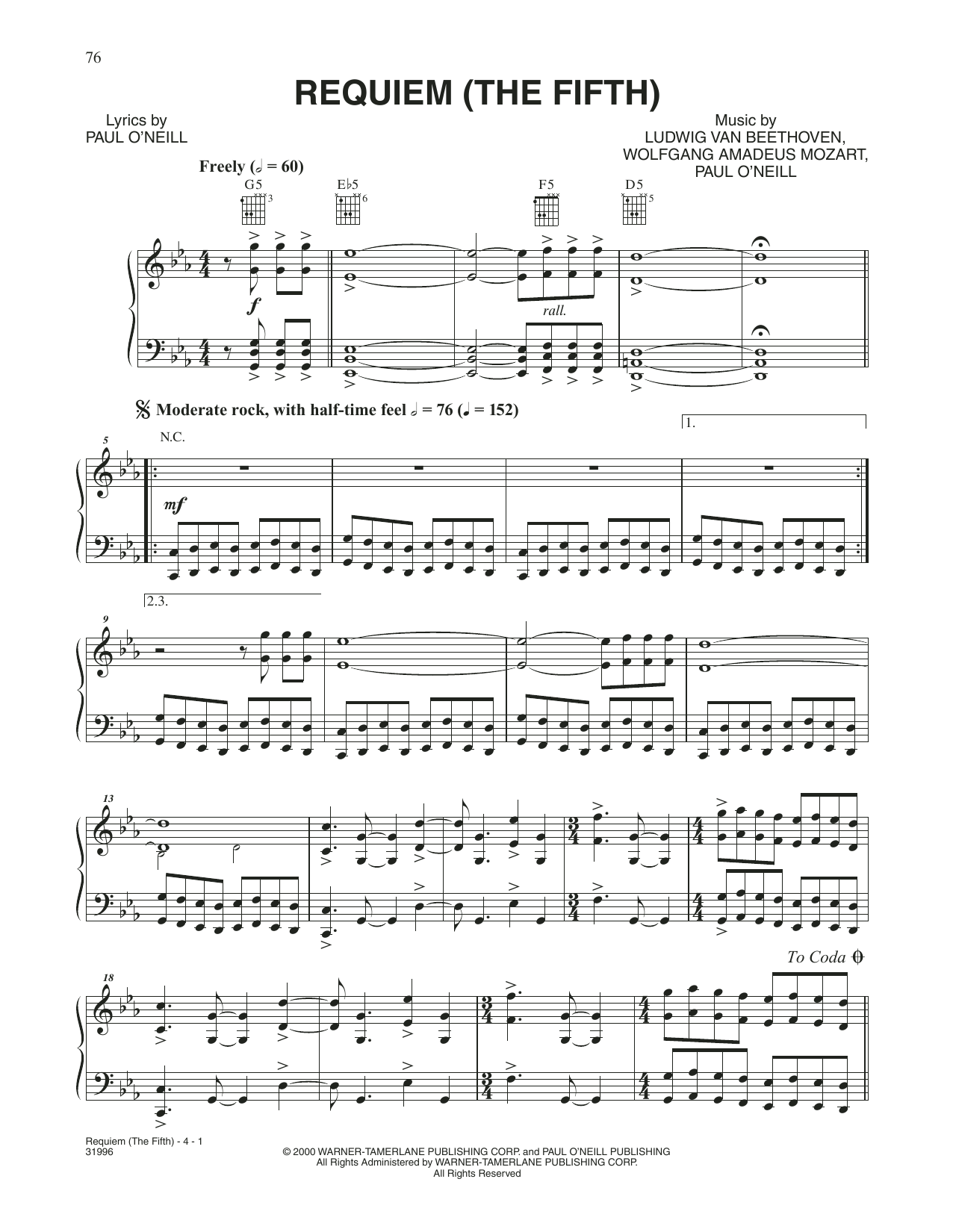 Trans-Siberian Orchestra Requiem (The Fifth) sheet music notes and chords. Download Printable PDF.