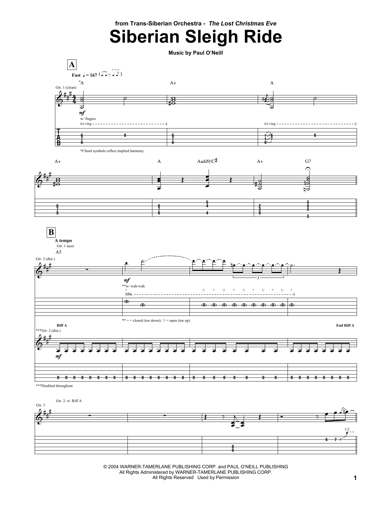 Trans-Siberian Orchestra Siberian Sleigh Ride sheet music notes and chords. Download Printable PDF.