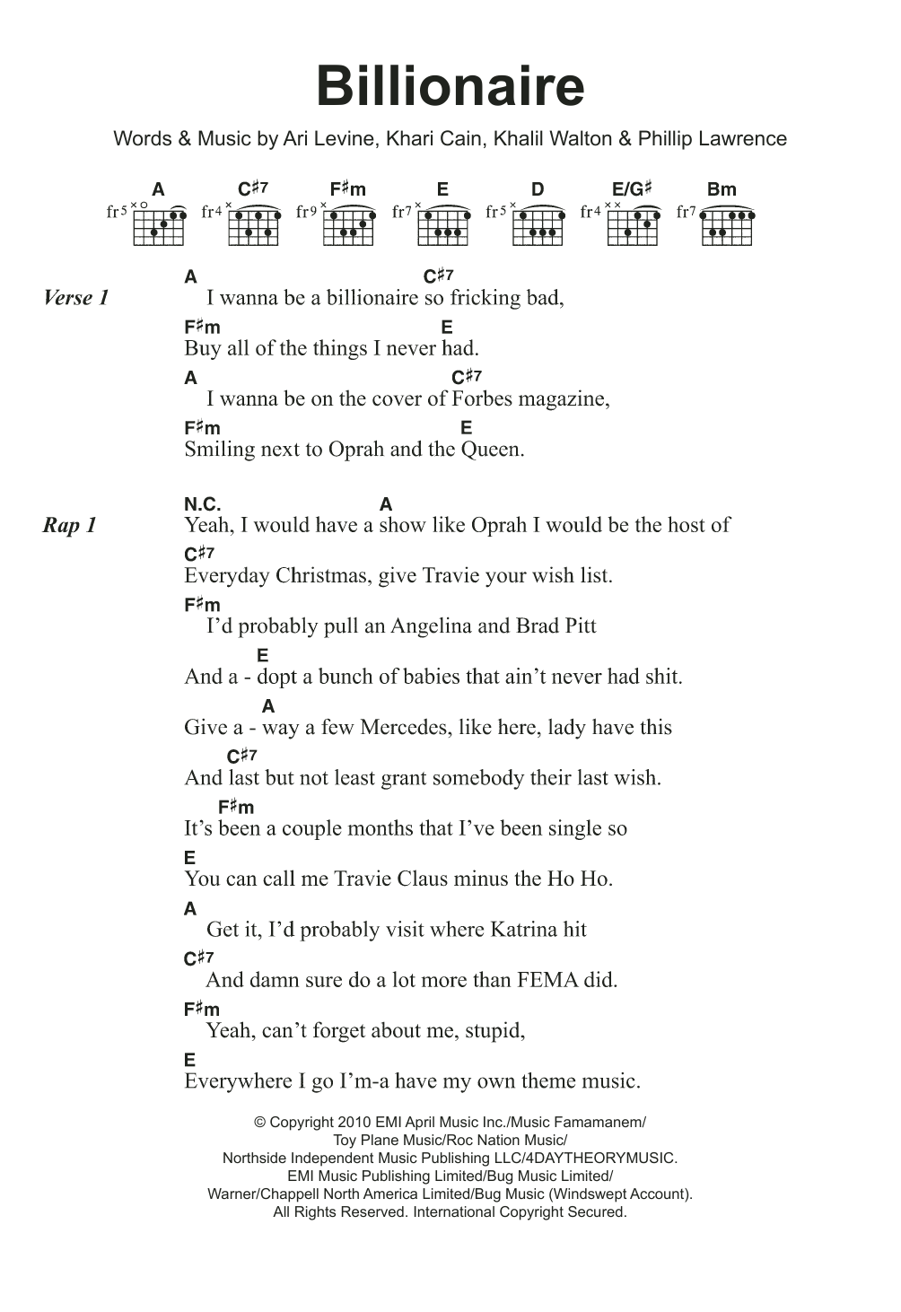 Travie McCoy Billionaire (featuring Bruno Mars) sheet music notes and chords. Download Printable PDF.