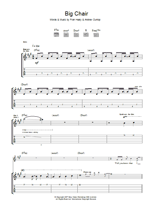 Learn to play Travis Big Chair sheet music for Guitar Tab in minutes. Price: 7.8900$ Travis Big Chair sheet music notes and chords arranged for Guitar Tab