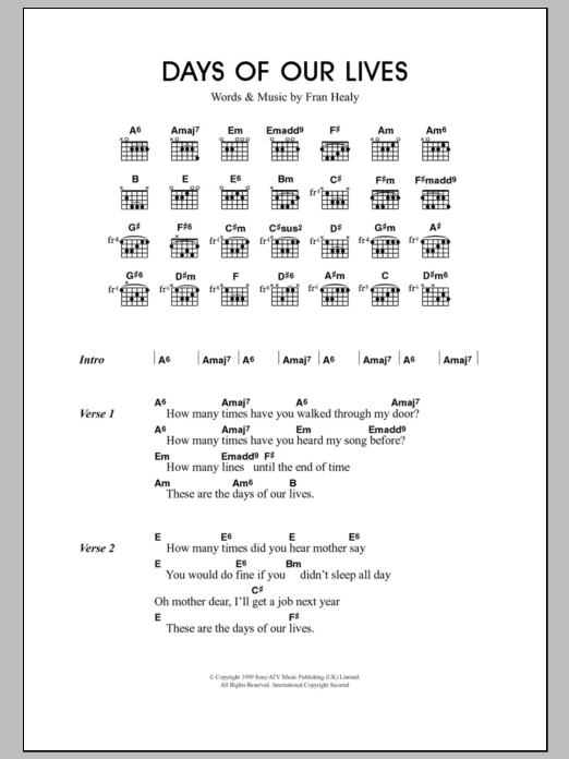 Travis Days Of Our Lives sheet music notes and chords. Download Printable PDF.