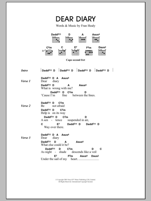 Learn to play Travis Dear Diary sheet music for Guitar Chords/Lyrics in minutes. Price: 4.4900$ Travis Dear Diary sheet music notes and chords arranged for Guitar Chords/Lyrics