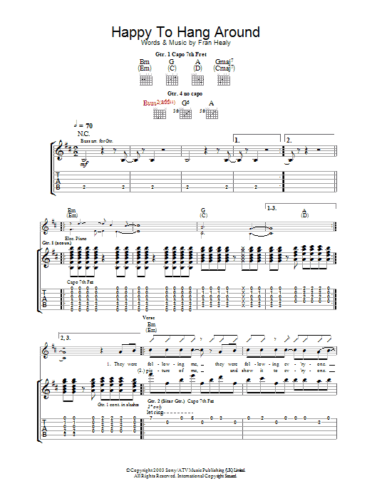 Learn to play Travis Happy To Hang Around sheet music for Guitar Tab in minutes. Price: 7.8900$ Travis Happy To Hang Around sheet music notes and chords arranged for Guitar Tab