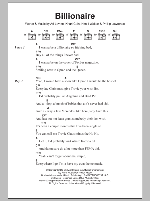 Travie McCoy Billionaire (feat. Bruno Mars) sheet music notes and chords. Download Printable PDF.