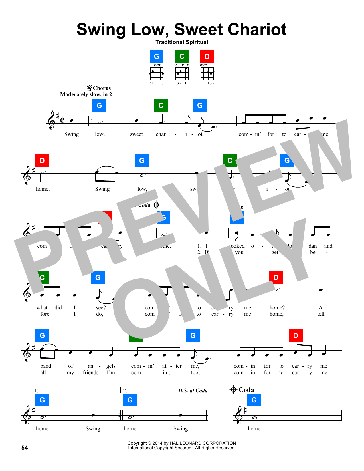 African-American Spiritual Swing Low, Sweet Chariot sheet music notes and chords arranged for ChordBuddy