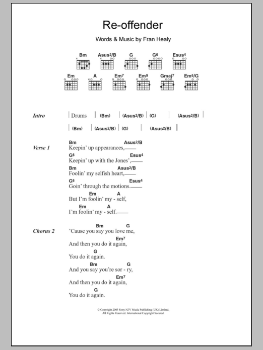 Travis Re-offender sheet music notes and chords arranged for Guitar Chords/Lyrics