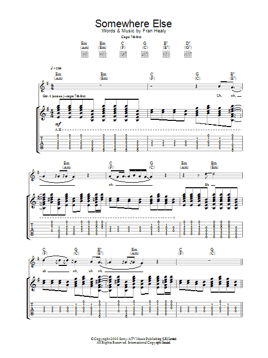 Learn to play Travis Somewhere Else sheet music for Guitar Tab in minutes. Price: 7.8900$ Travis Somewhere Else sheet music notes and chords arranged for Guitar Tab