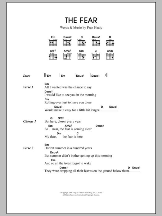 Learn to play Travis The Fear sheet music for Guitar Chords/Lyrics in minutes. Price: 4.4900$ Travis The Fear sheet music notes and chords arranged for Guitar Chords/Lyrics