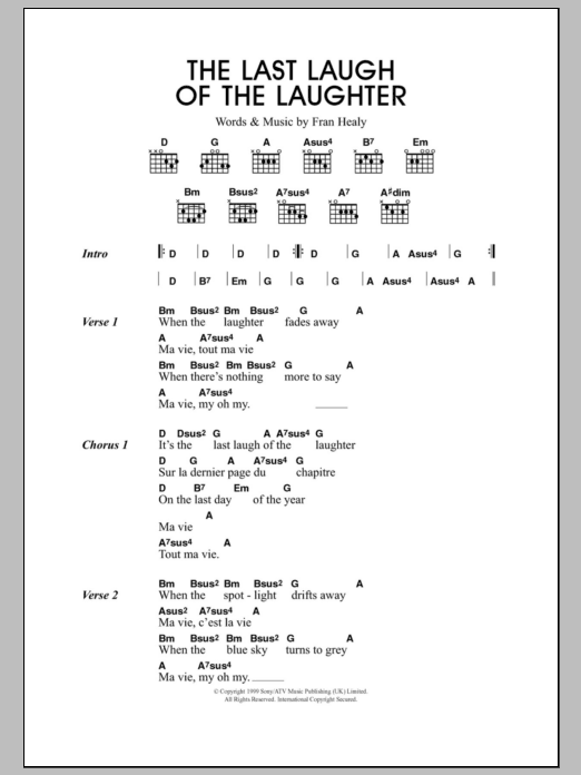 Learn to play Travis The Last Laugh Of The Laughter sheet music for Piano, Vocal & Guitar Chords in minutes. Price: 7.8900$ Travis The Last Laugh Of The Laughter sheet music notes and chords arranged for Piano, Vocal & Guitar Chords