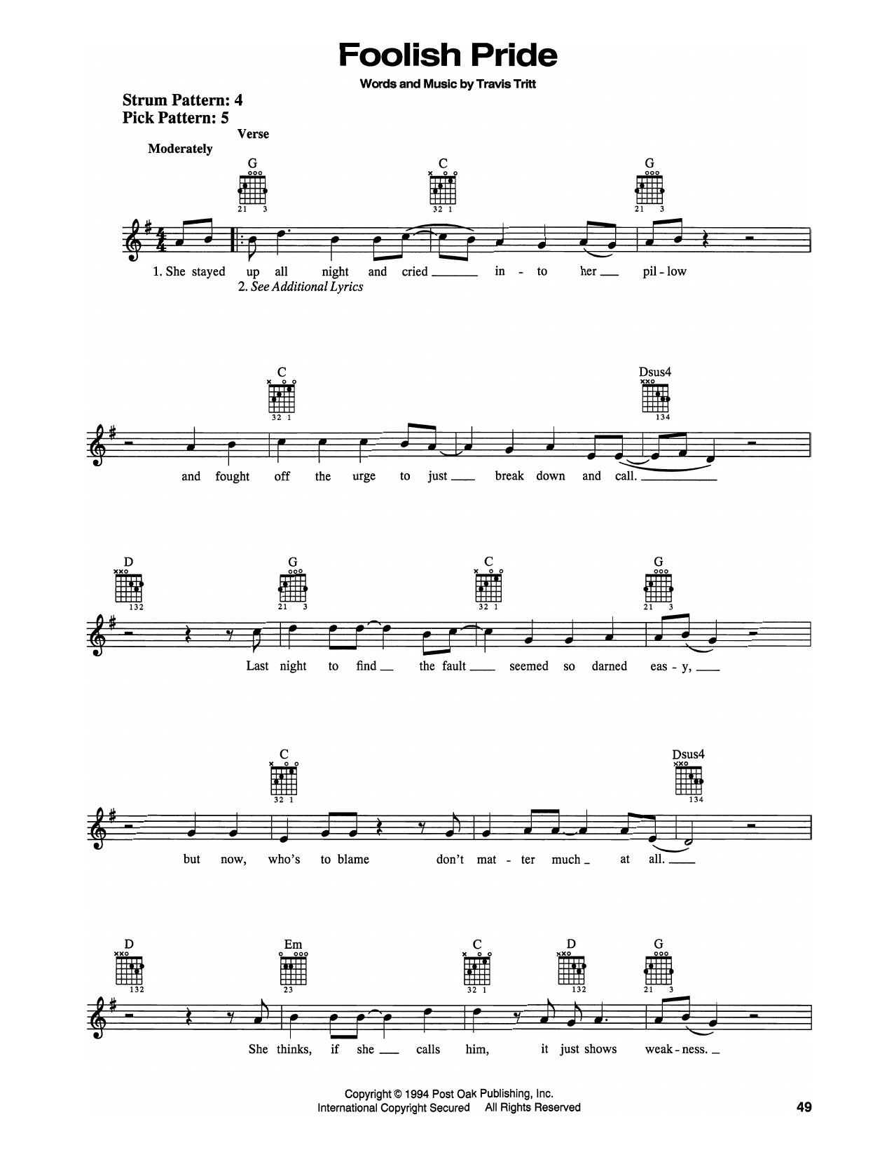 Travis Tritt Foolish Pride sheet music notes and chords. Download Printable PDF.