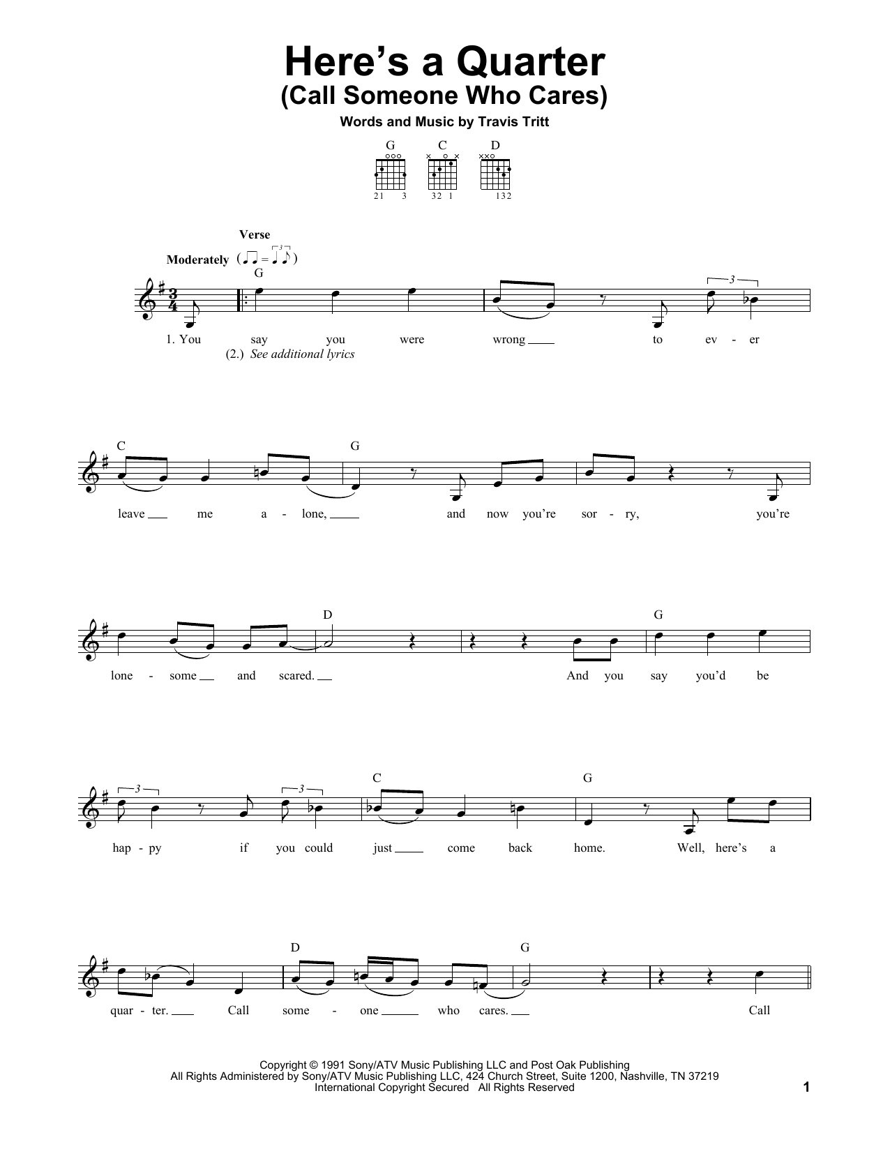 Travis Tritt Here's A Quarter (Call Someone Who Cares) sheet music notes and chords. Download Printable PDF.