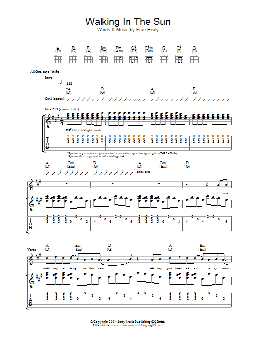 Learn to play Travis Walking In The Sun sheet music for Guitar Tab in minutes. Price: 7.8900$ Travis Walking In The Sun sheet music notes and chords arranged for Guitar Tab