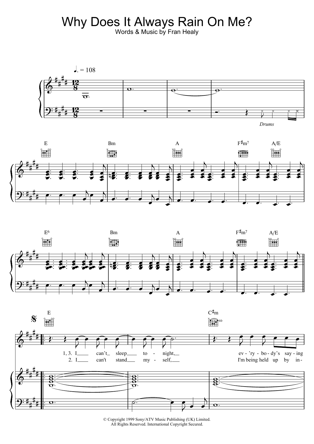 Travis Why Does It Always Rain On Me? sheet music notes and chords. Download Printable PDF.