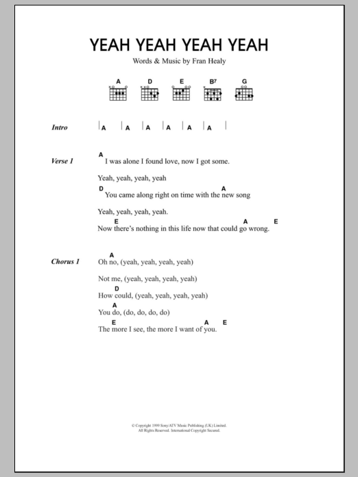 Learn to play Travis Yeah Yeah Yeah Yeah sheet music for Guitar Chords/Lyrics in minutes. Price: 4.4900$ Travis Yeah Yeah Yeah Yeah sheet music notes and chords arranged for Guitar Chords/Lyrics