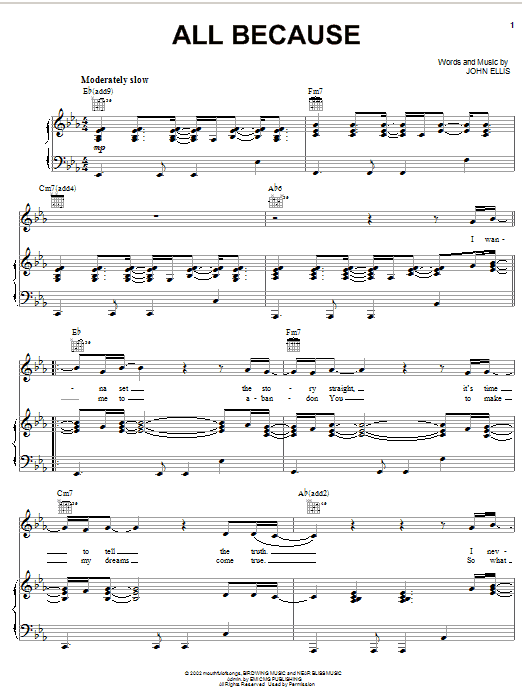 Learn to play Tree63 All Because sheet music for Piano, Vocal & Guitar Chords (Right-Hand Melody) in minutes. Price: 7.8900$ Tree63 All Because sheet music notes and chords arranged for Piano, Vocal & Guitar Chords (Right-Hand Melody)