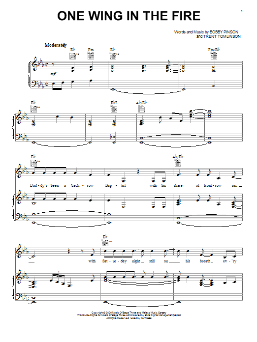 Learn to play Trent Tomlinson One Wing In The Fire sheet music for Piano, Vocal & Guitar Chords (Right-Hand Melody) in minutes. Price: 7.8900$ Trent Tomlinson One Wing In The Fire sheet music notes and chords arranged for Piano, Vocal & Guitar Chords (Right-Hand Melody)