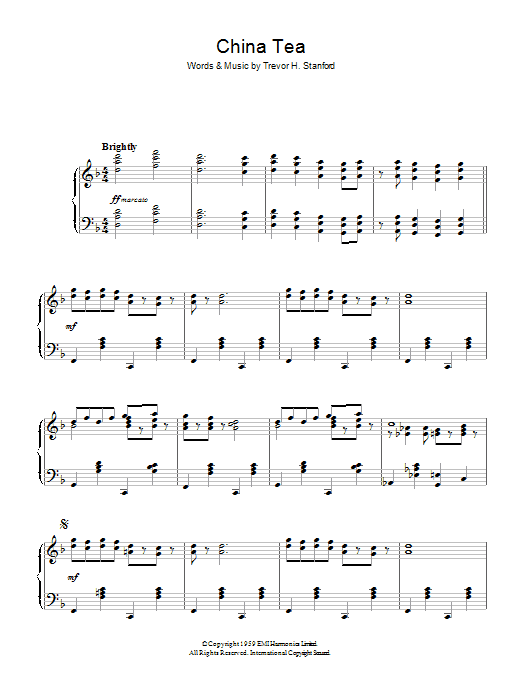 Learn to play Trevor H. Stanford China Tea sheet music for Piano Solo in minutes. Price: 7.8900$ Trevor H. Stanford China Tea sheet music notes and chords arranged for Piano Solo