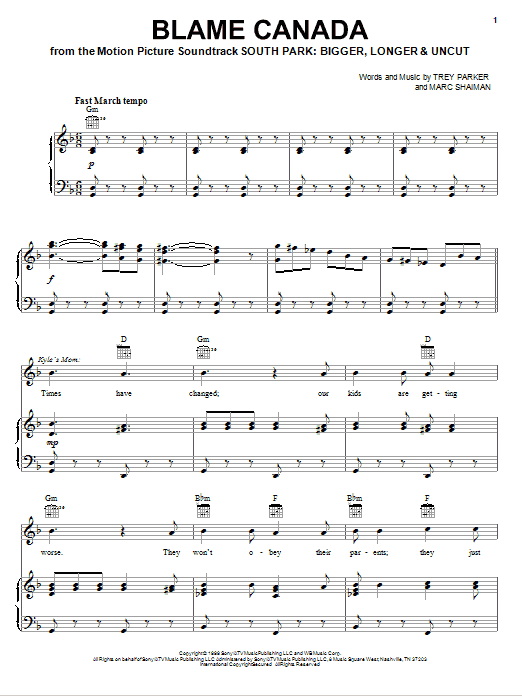 Learn to play Trey Parker Blame Canada sheet music for Lead Sheet / Fake Book in minutes. Price: 5.9900$ Trey Parker Blame Canada sheet music notes and chords arranged for Lead Sheet / Fake Book