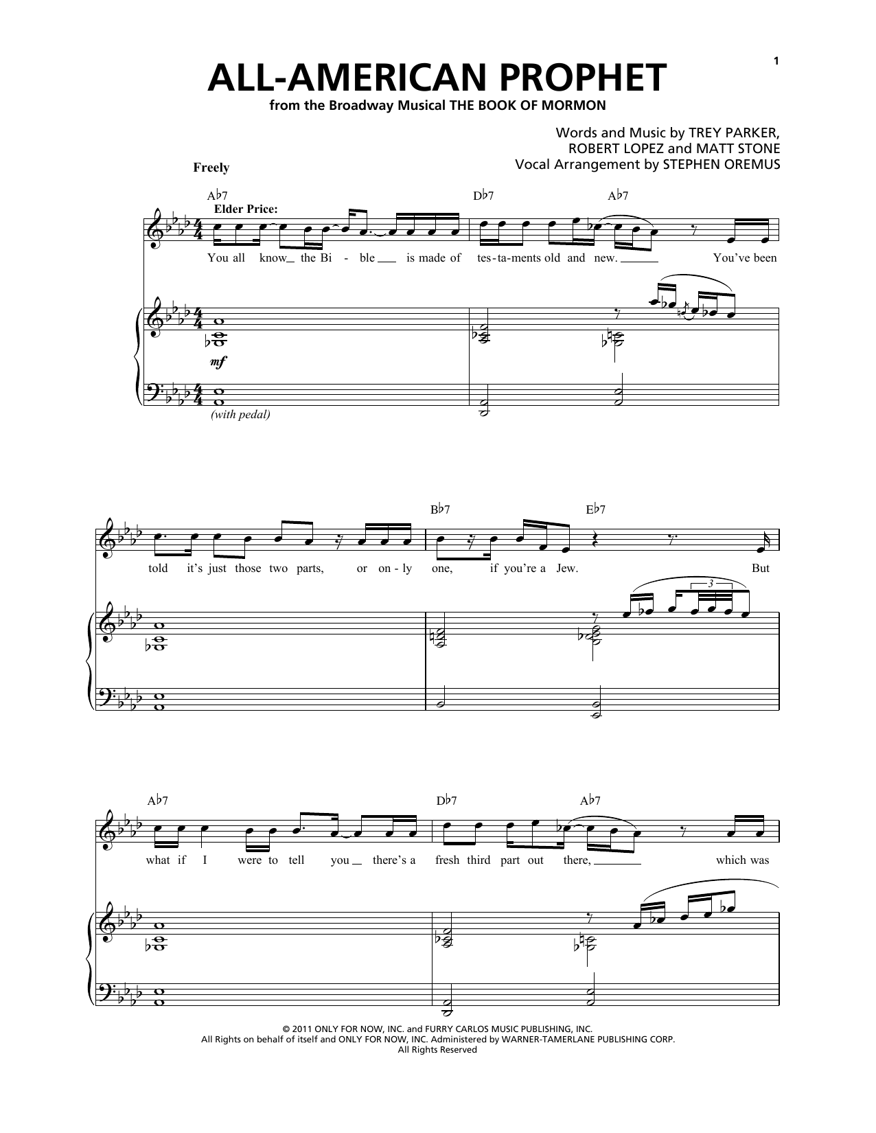 Trey Parker & Matt Stone All-American Prophet (from The Book of Mormon) sheet music notes and chords. Download Printable PDF.