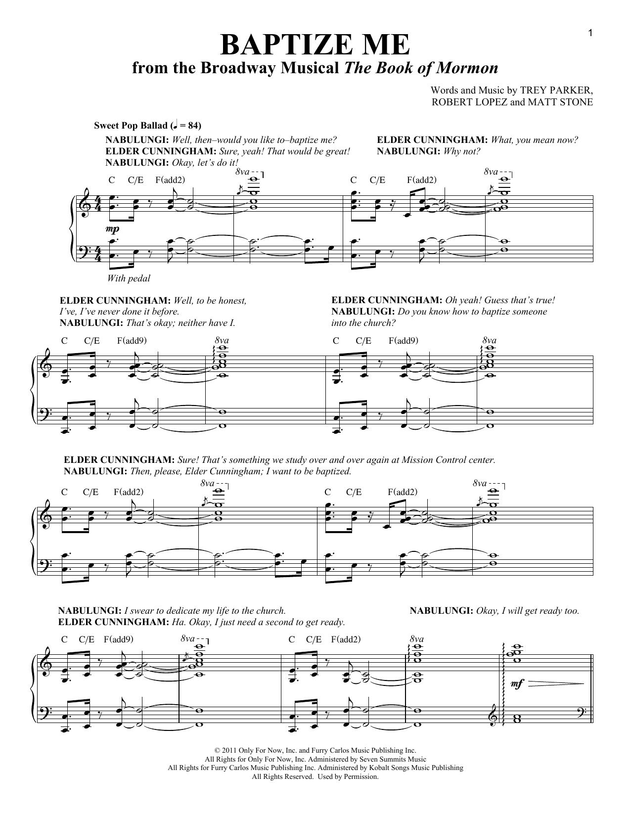 Trey Parker & Matt Stone Baptize Me (from The Book of Mormon) sheet music notes and chords arranged for Piano & Vocal