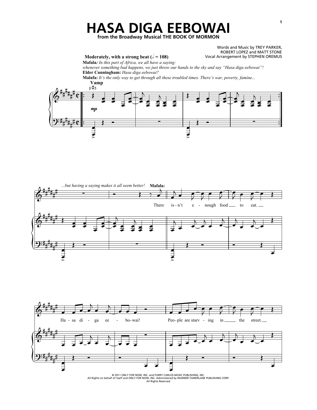 Trey Parker & Matt Stone Hasa Diga Eebowai (from The Book of Mormon) sheet music notes and chords arranged for Piano & Vocal