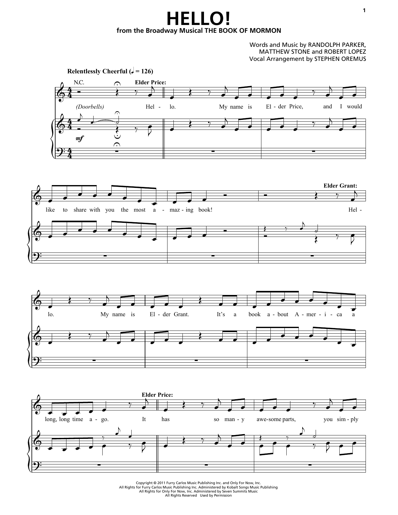 Trey Parker & Matt Stone Hello! (from The Book of Mormon) sheet music notes and chords arranged for Piano & Vocal