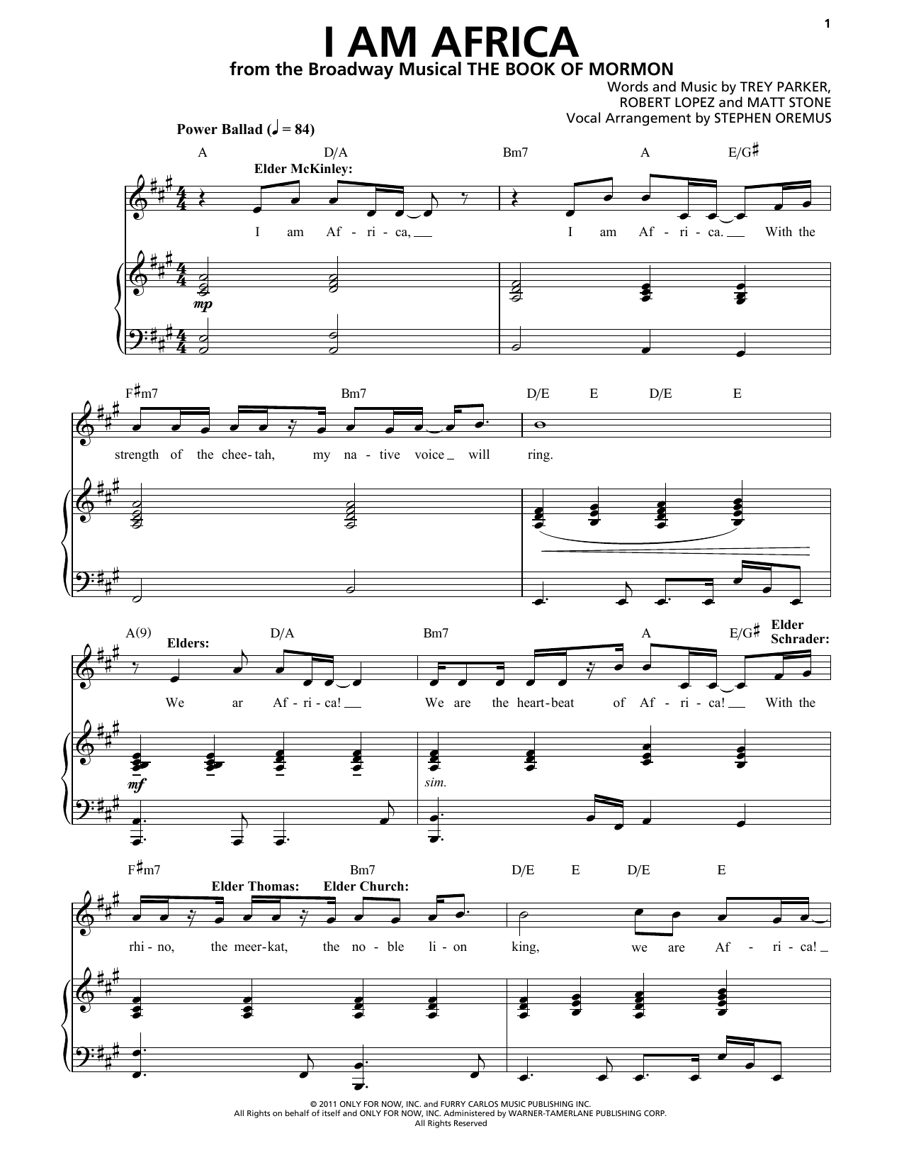 Trey Parker & Matt Stone I Am Africa (from The Book of Mormon) sheet music notes and chords. Download Printable PDF.