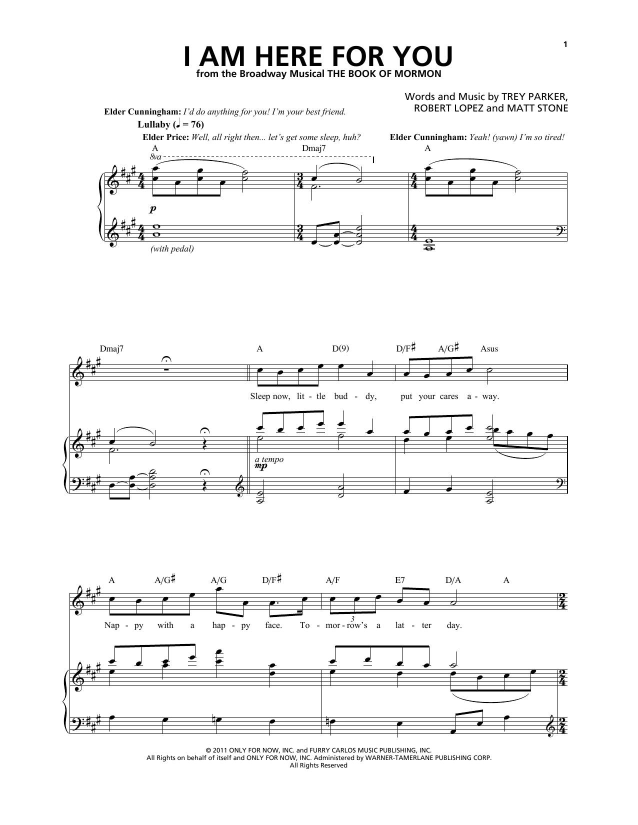 Trey Parker & Matt Stone I Am Here For You (from The Book of Mormon) sheet music notes and chords arranged for Piano & Vocal