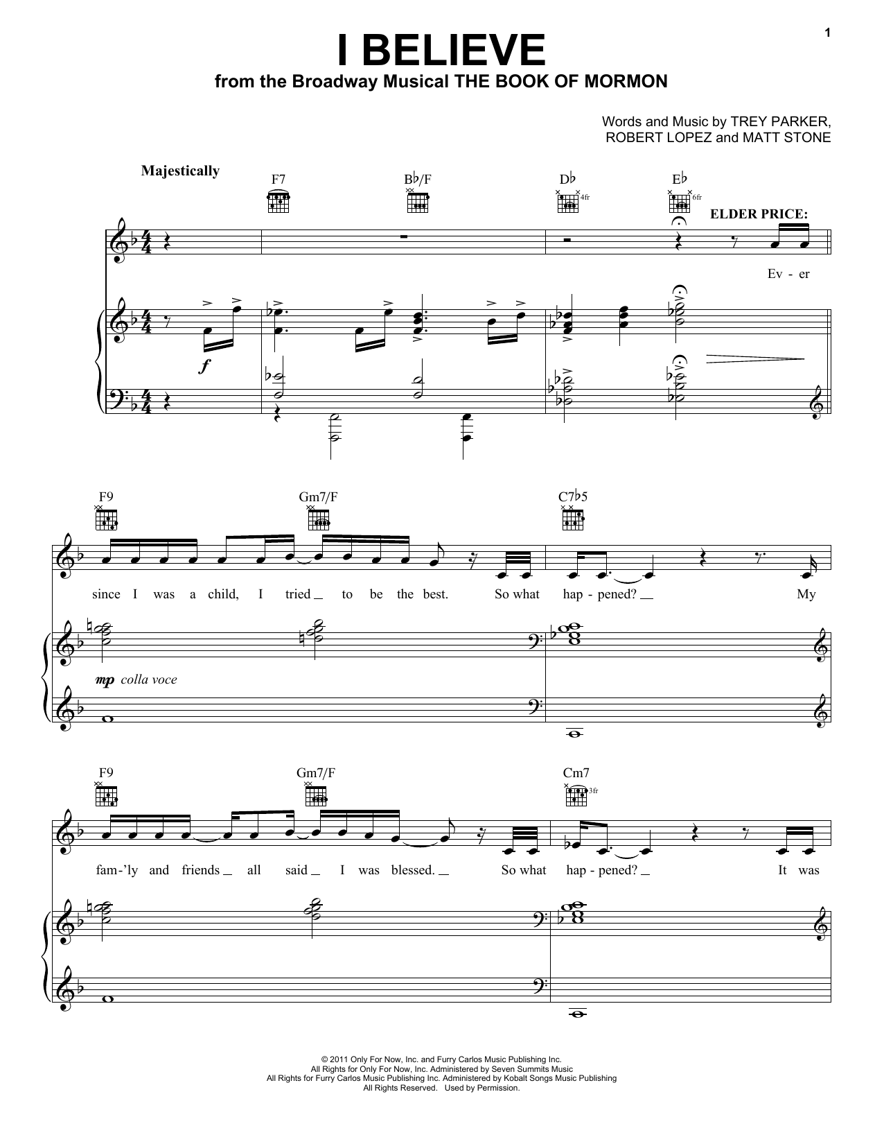 Trey Parker & Matt Stone I Believe (from The Book of Mormon) sheet music notes and chords. Download Printable PDF.