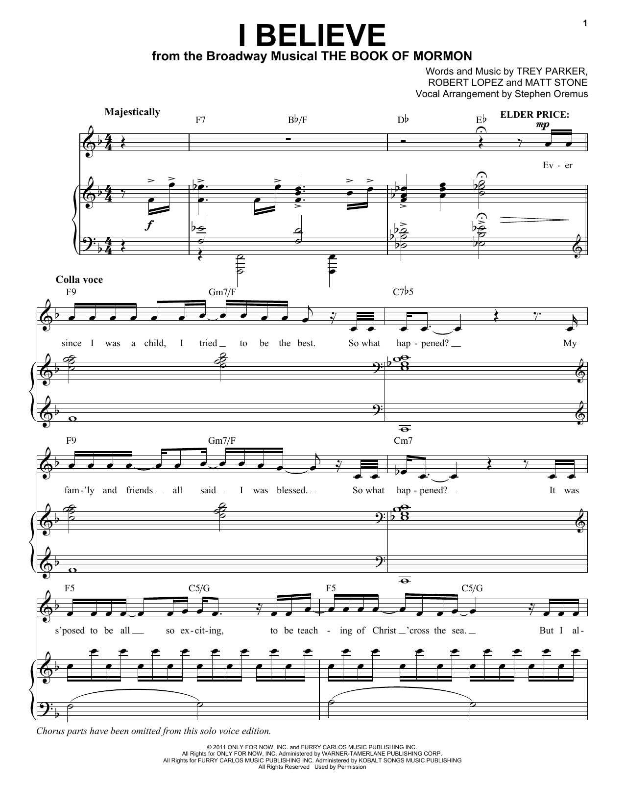 Trey Parker & Matt Stone I Believe (from The Book of Mormon) sheet music notes and chords arranged for Piano & Vocal