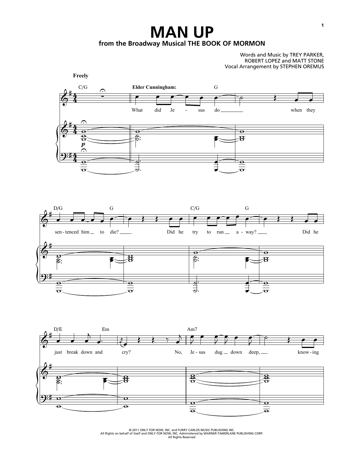 Trey Parker & Matt Stone Man Up (from The Book of Mormon) sheet music notes and chords. Download Printable PDF.