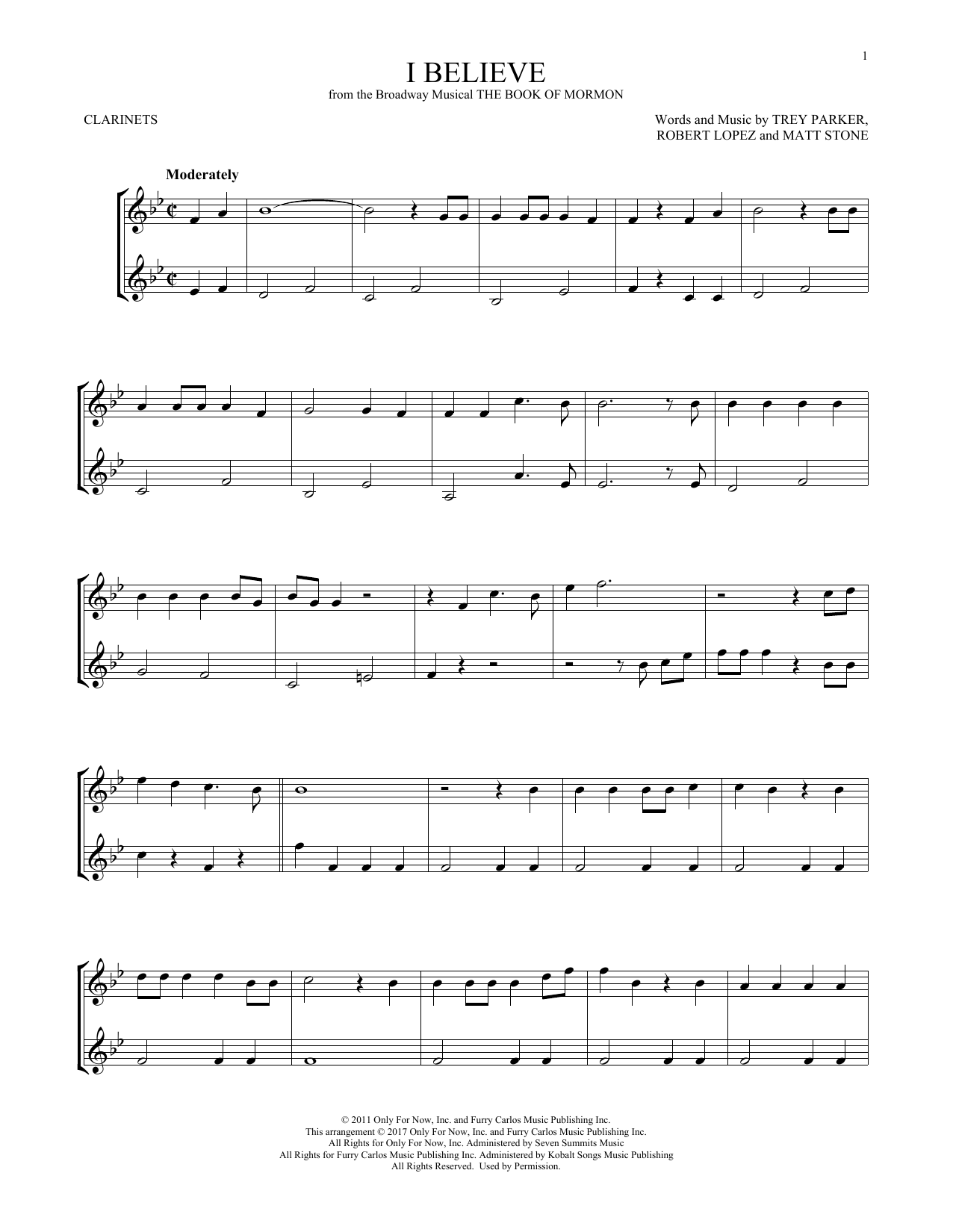 Trey Parker & Matt Stone I Believe (from The Book of Mormon) sheet music notes and chords. Download Printable PDF.