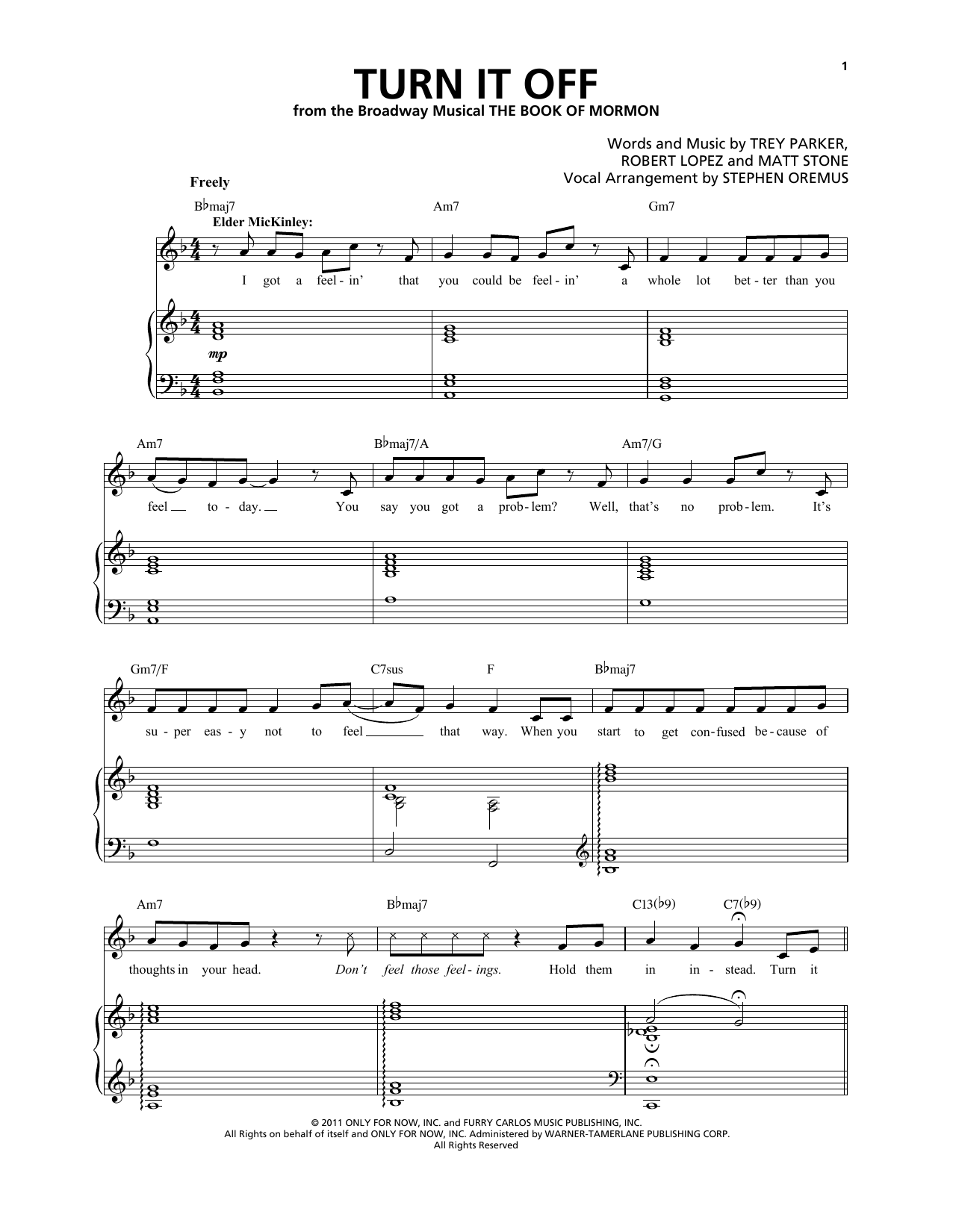 Trey Parker & Matt Stone Turn It Off (from The Book of Mormon) sheet music notes and chords. Download Printable PDF.