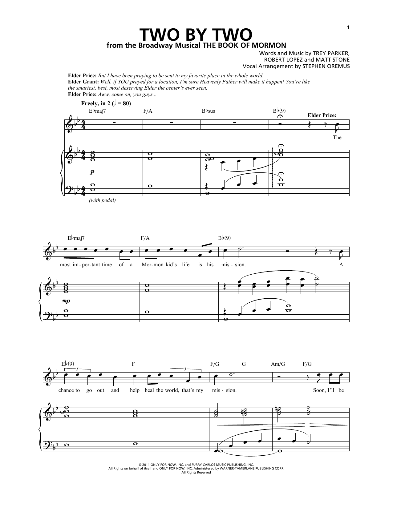 Trey Parker & Matt Stone Two By Two (from The Book of Mormon) sheet music notes and chords arranged for Piano & Vocal