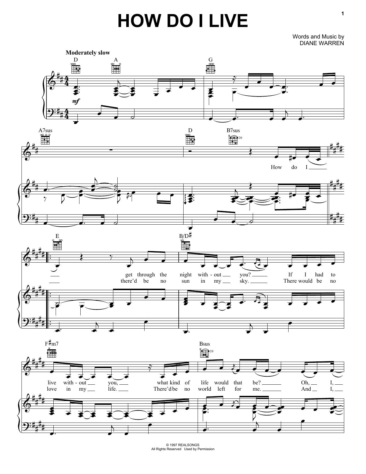 Learn to play Trisha Yearwood How Do I Live sheet music for Piano, Vocal & Guitar Chords (Right-Hand Melody) in minutes. Price: 7.8900$ Trisha Yearwood How Do I Live sheet music notes and chords arranged for Piano, Vocal & Guitar Chords (Right-Hand Melody)