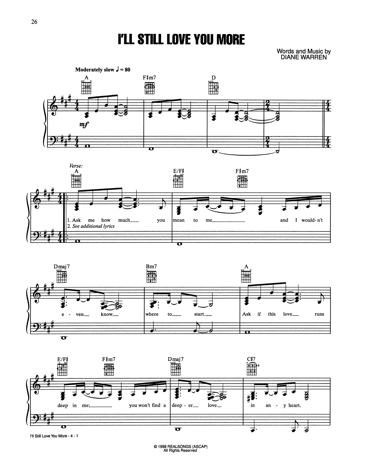 Learn to play Trisha Yearwood I'll Still Love You More sheet music for Piano, Vocal & Guitar Chords (Right-Hand Melody) in minutes. Price: 7.8900$ Trisha Yearwood I'll Still Love You More sheet music notes and chords arranged for Piano, Vocal & Guitar Chords (Right-Hand Melody)