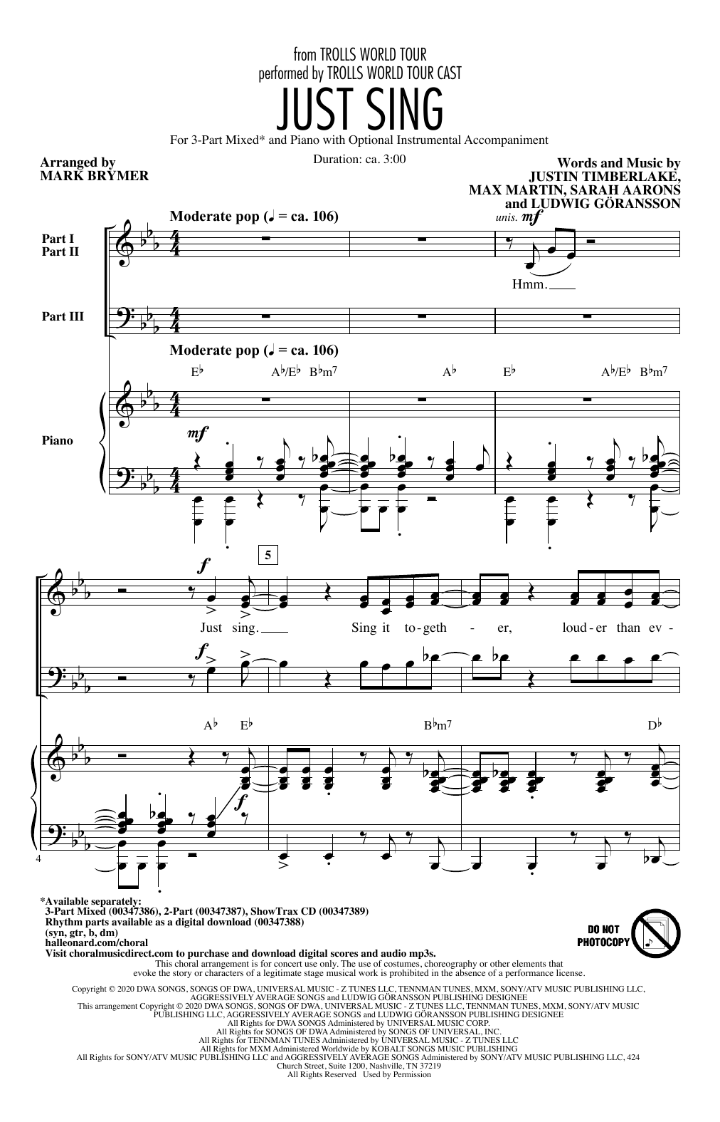 Trolls World Tour Cast Just Sing (from Trolls World Tour) (arr. Mark Brymer) sheet music notes and chords. Download Printable PDF.