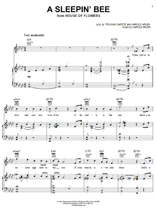 Learn to play Truman Capote A Sleepin' Bee sheet music for Piano, Vocal & Guitar Chords (Right-Hand Melody) in minutes. Price: 7.8900$ Truman Capote A Sleepin' Bee sheet music notes and chords arranged for Piano, Vocal & Guitar Chords (Right-Hand Melody)