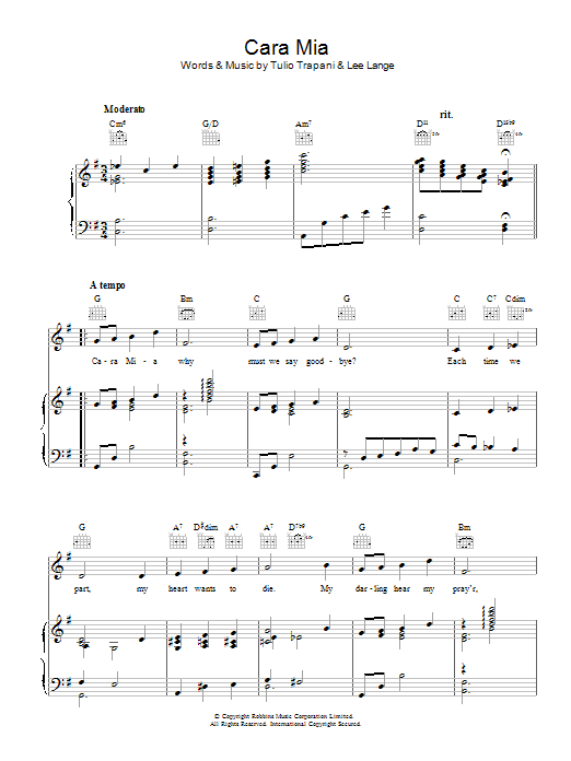 Tulio Trapani Cara Mia sheet music notes and chords. Download Printable PDF.